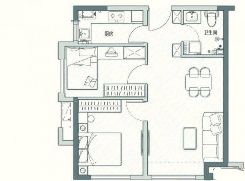 D#公寓A户型 2室2厅1卫  建筑面积：约75平米