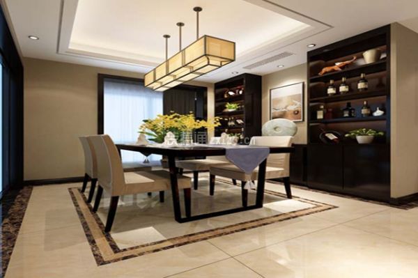 餐厅区域用地砖铺贴,边缘用波打线处理,更加体现出层次感.