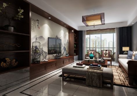 中海铂宫央墅120平三居室新中式风格装修案例