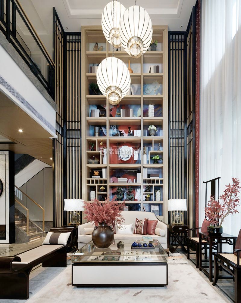 2023中式别墅客厅沙发背景墙柜设计欣赏