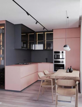 厨房颜色装修效果图片 餐厅厨房装修效果图  粉色橱柜效果图 
