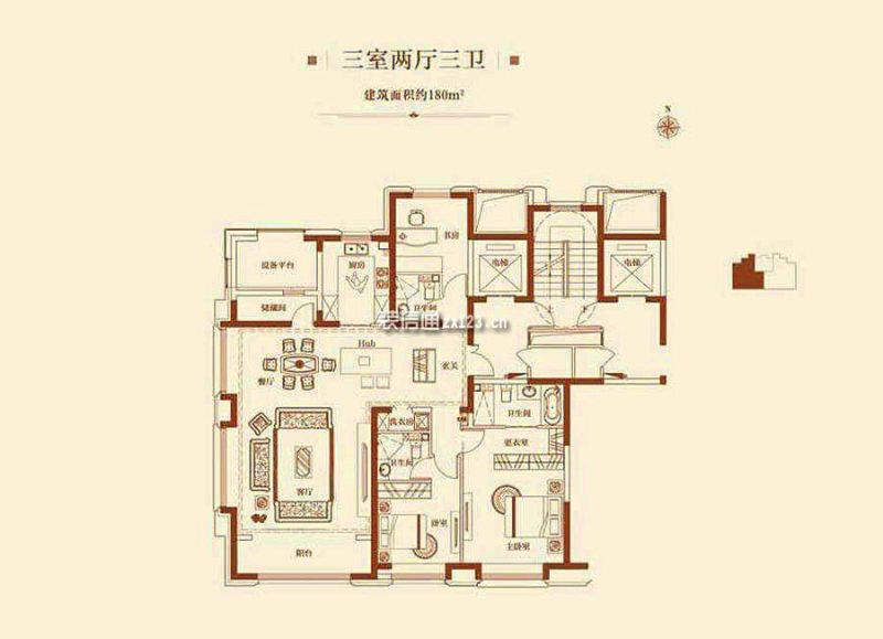 180平户型图 3室2厅3卫