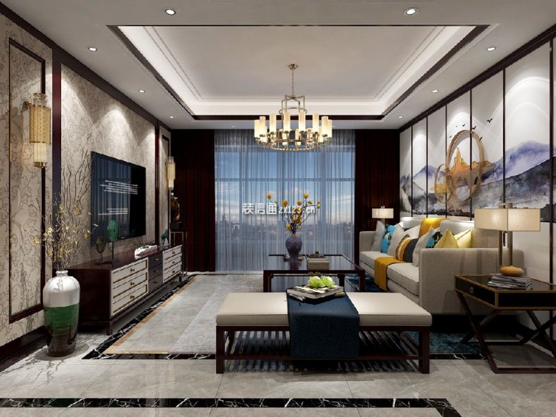 荣安桃李郡中式现代风格120平米三居室装修案例