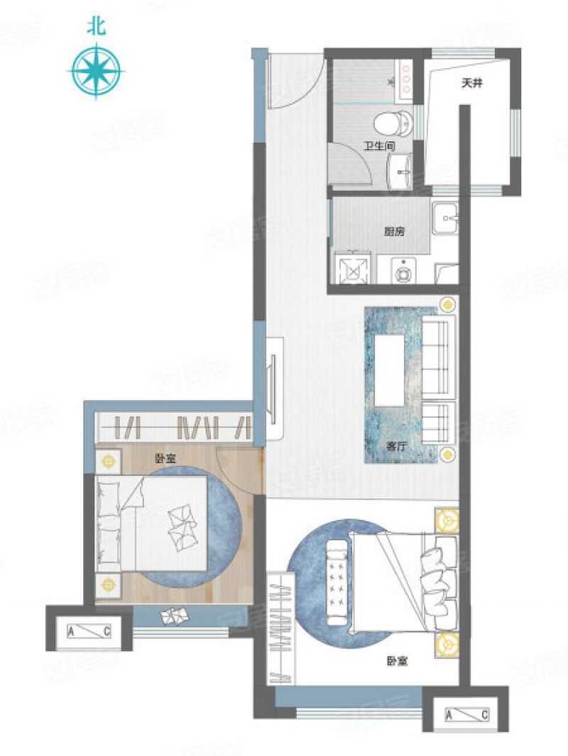 C2户型 2室2厅1卫 在售 建筑面积：约67m