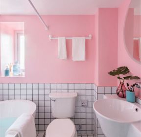 温馨风格卫生间粉色墙面装修设计图-每日推荐
