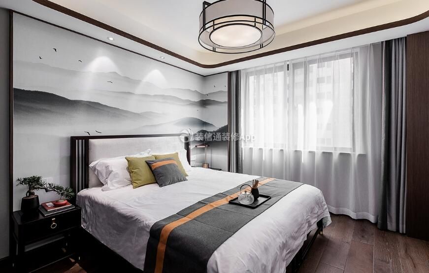 130平米新中式风格卧室床头装修效果图