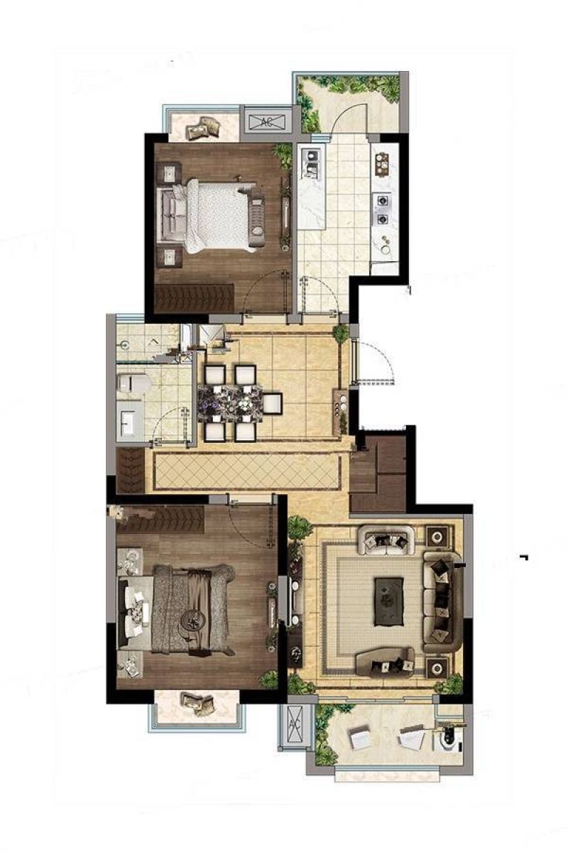 1-C户型 2室2厅1卫  建筑面积：约98平米