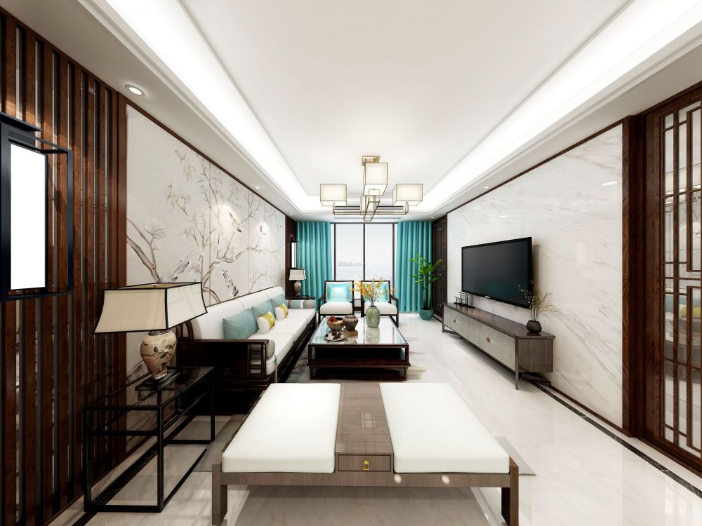 洛阳和昌中央城邦新中式风格120平米设计方案 客厅沙发背景墙装修
