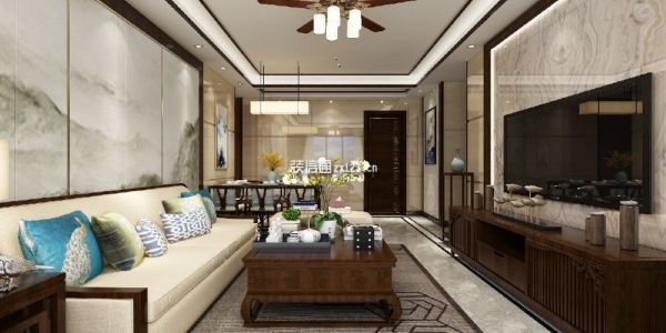 洺悦府新中式客厅142平米三居室装修案例