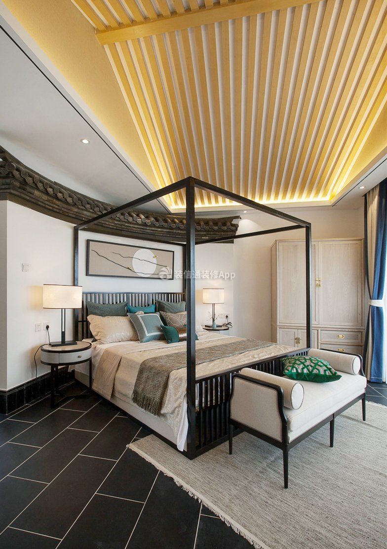新中式别墅卧室木地板装修设计图片:
