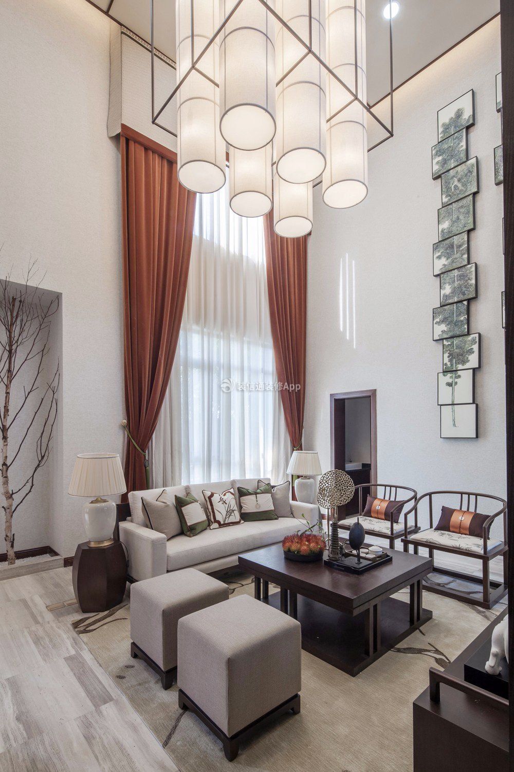 新中式风格别墅客厅窗帘装修设计图: