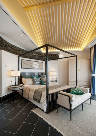 新中式别墅卧室木地板装修设计图片