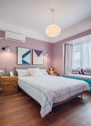 120平新房卧室粉色背景墙装修设计图