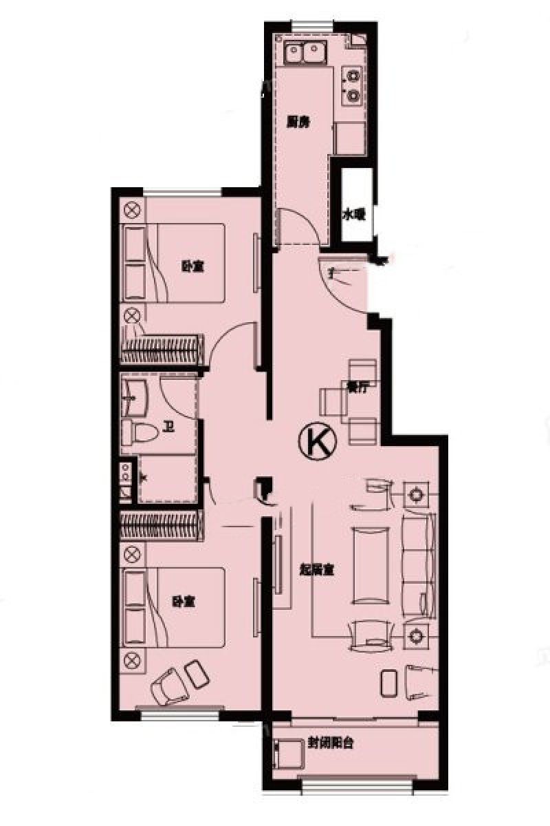 3#K户型2室2厅1卫1厨建筑面积：86㎡