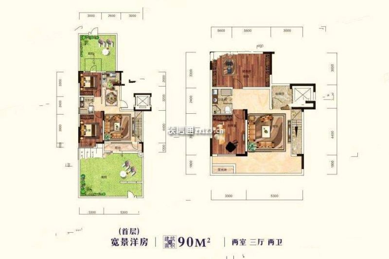 首层洋房90平米户型图 2室3厅2卫