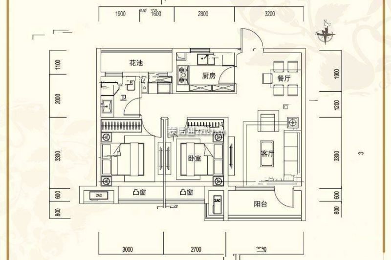 高层90平米户型图 2室2厅1卫