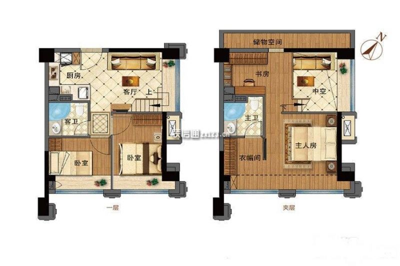 LOFTC户型 3室1厅1卫 建筑面积：约46平米