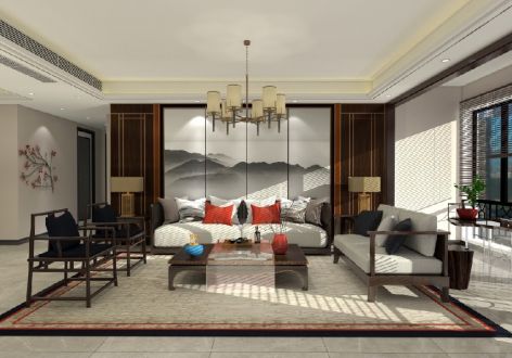 梵华里新中式风格121平米三居室装修效果图案例