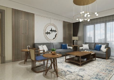 鹭岛国际二期新中式风格99平米三居室装修效果图案例