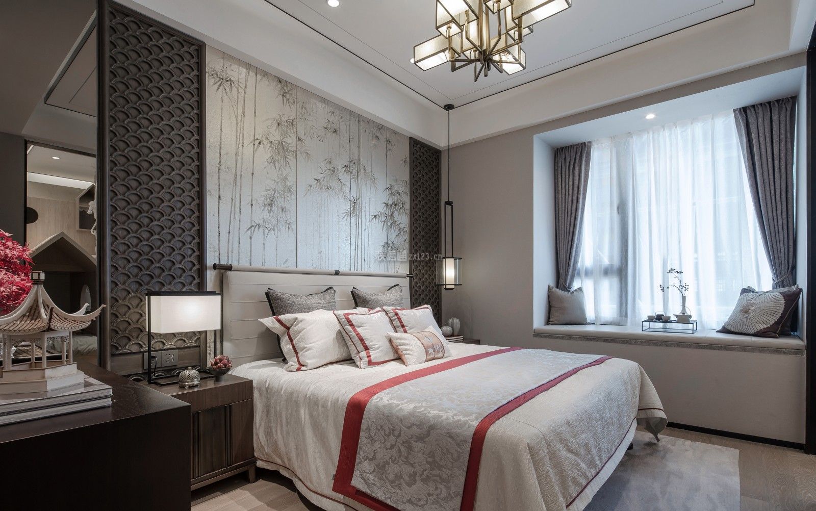 重庆良瑜国际养生谷新中式风格130平米设计方案 新中式卧室装饰效果图
