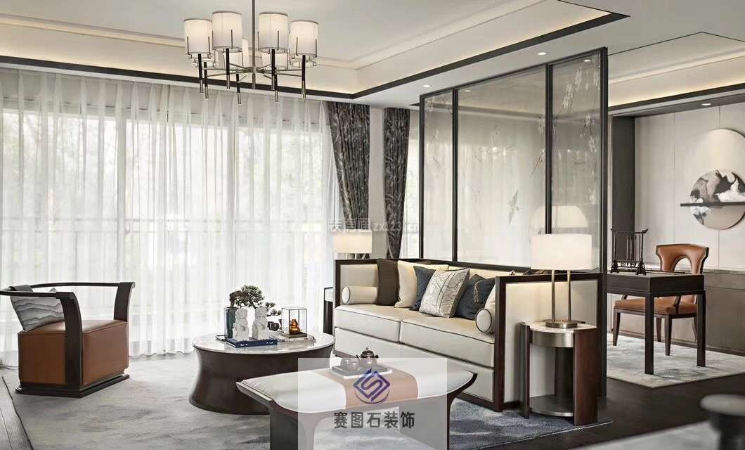 新中式客厅窗帘 新中式客厅背影墙装修效果图 