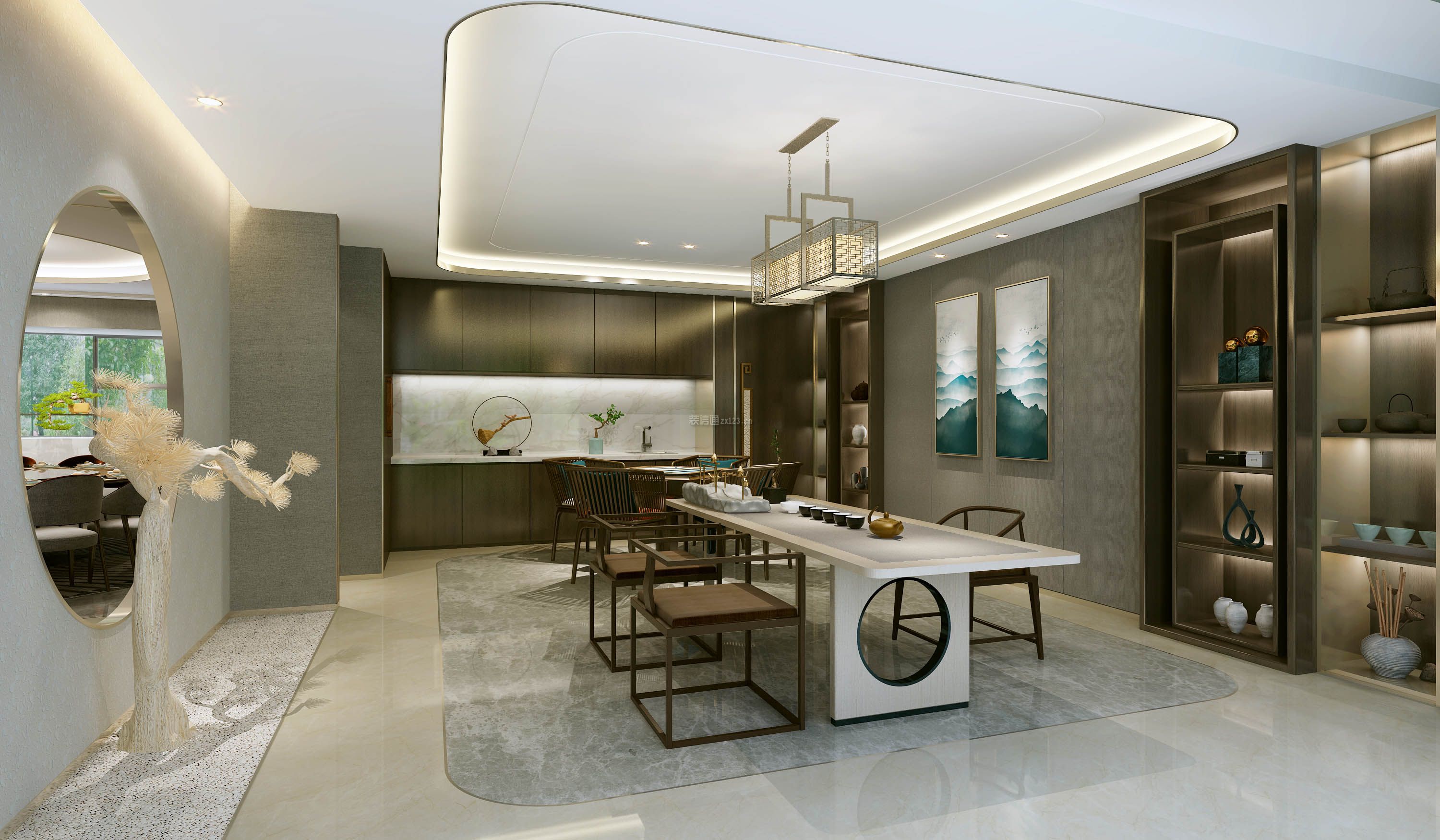 上海休闲会所新中式风格500平米装修效果图案例_上海运峰装饰装修设计