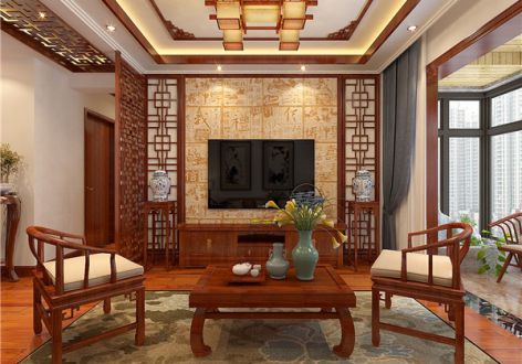 枫丹丽城110㎡三居室中式风格装修案例