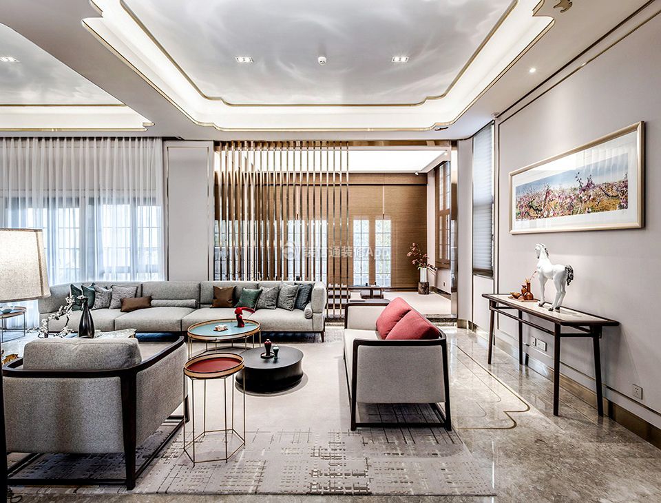 2023成都新中式别墅客厅沙发装修实景图