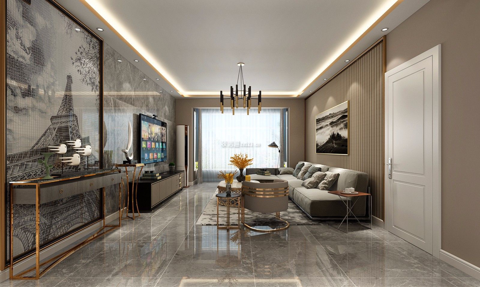 南宁招商雍景湾现代风格135平米设计方案 客厅吊顶装修效果图2020_装