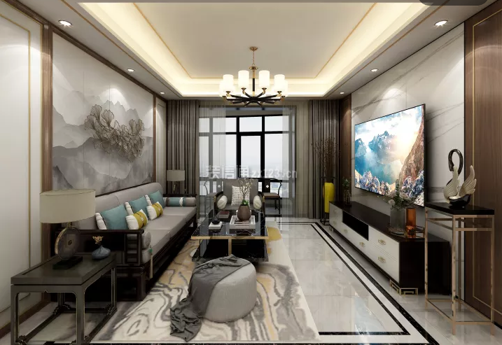 新中式客厅装饰画 新中式客厅地砖效果图