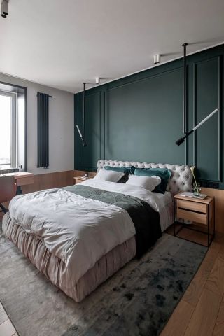 上海70平米房子卧室绿色墙面装修图