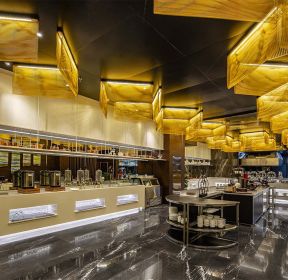 吧台餐桌装修图片  1787   简约风格300平米自助餐厅背景墙装修图片