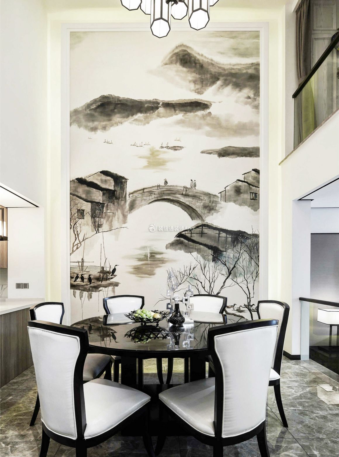 新中式复式餐厅水墨背景墙图片: