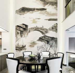 新中式复式餐厅水墨背景墙图片-每日推荐