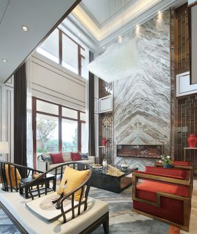 新中式风格别墅客厅背景墙设计图片