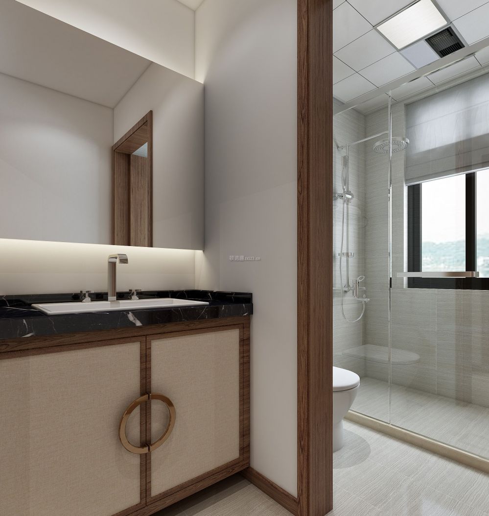 韶关绿地新里中央公馆c区中式风格141平米设计方案 卫生间洗漱台图片