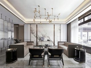 新中式风格别墅客厅装修实景图2023