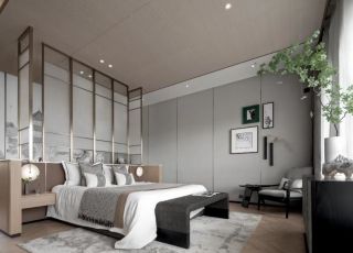 独栋别墅新中式卧室床头隔断设计图片