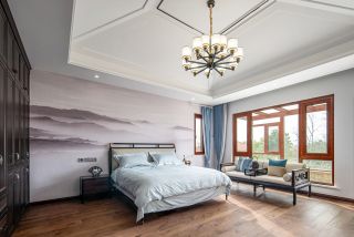 中式风别墅卧室实木地板装饰效果图片