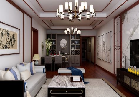 颐中银街新中式风格110平三居室装修案例