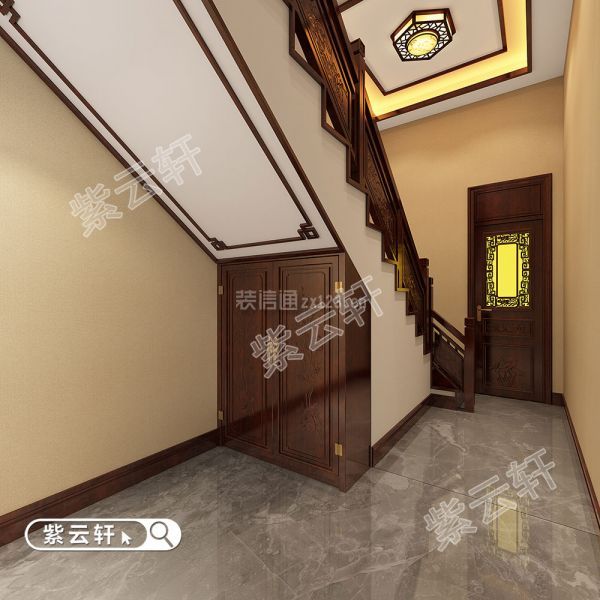 中式别墅楼梯间装修实景图