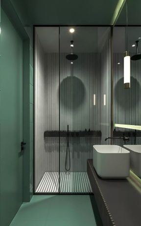 绿色卫生间装修效果图 卫生间玻璃洗手盆效果图