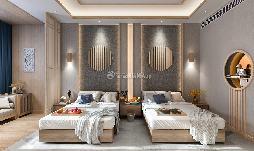 杭州禅意酒店标准间背景墙装修设计效果图