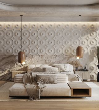 米色欧式现代卧室背景墙装修设计效果图