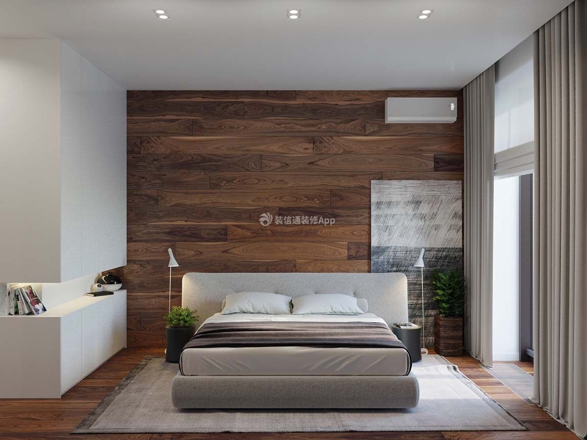 现代简约卧室木板背景墙装修效果图