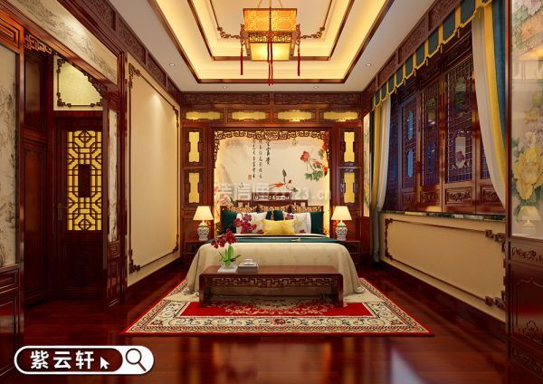 中式别墅室内卧室装潢图