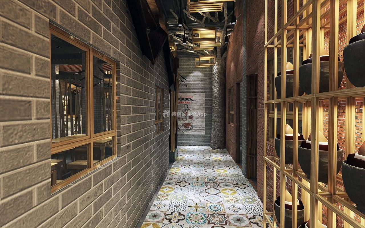 广州徽派餐厅室内走廊装修设计效果图