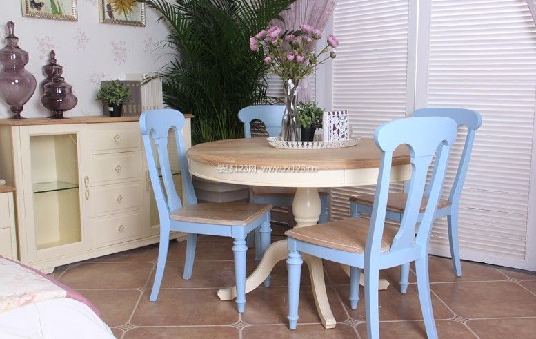 餐桌椅,地中海风格圆形实木餐桌椅