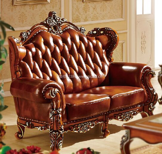 罗轩尚品欧式古典双人真皮沙发