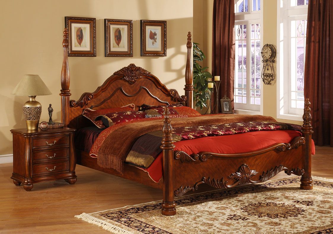 床,东南亚风实木圆柱双人床